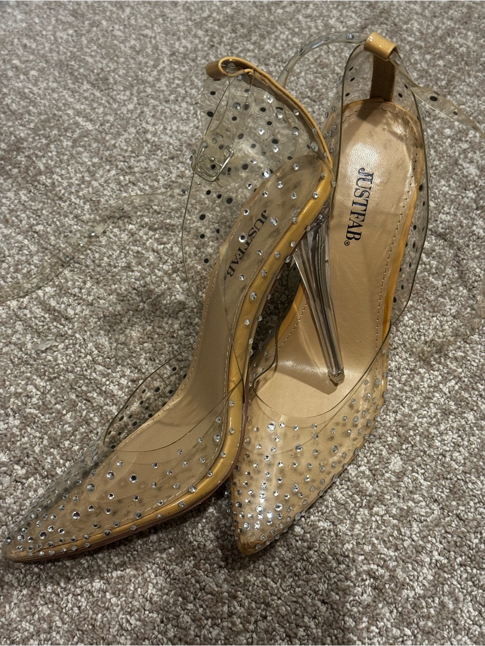 JUSTFAB Clear Rhinestone Pointed Slingback Heels in Tan